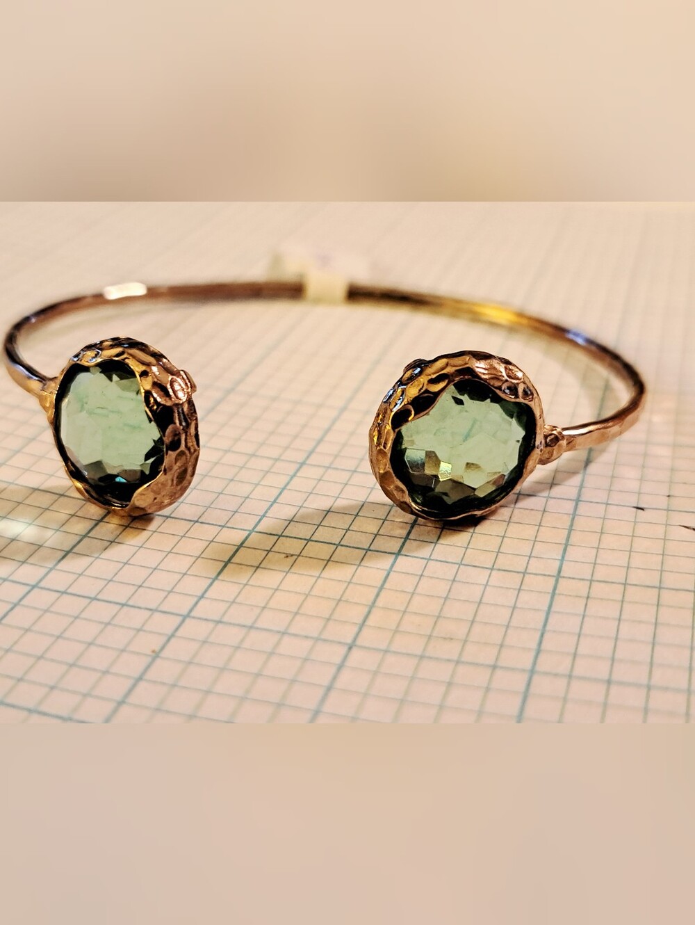 Faux Blue Topaz Cuff Bracelet - Elegant Hammered Gold-Tone Prong Setting - Picture 2 of 5